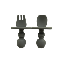Load image into Gallery viewer, Silicone Spoon & Silicone Fork in Cloud Grey from Bubs Playground and Bubs Eats