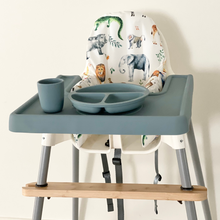 Load image into Gallery viewer, Bubs Playground bamboo highchair footrest with Zoo Animals cushion cover & Ocean Blue placemat & feeding silicone set
