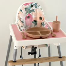 Load image into Gallery viewer, Bamboo adjustable highchair footrest with Spring Florals cushion cover & Apricot/Almond silicone feeding set