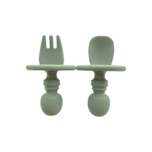 Load image into Gallery viewer, Silicone Spoon & Silicone Fork in Forest Green from Bubs Playground and Bubs Eats