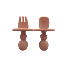 Load image into Gallery viewer, Silicone Spoon & Silicone Fork in Sunrise Pink from Bubs Playground and Bubs Eats