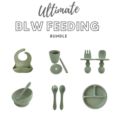Bubs Playground's Ultimate BLW Feeding Bundle includes:  Silicone Bib, Cup with Straw & Lid, Spoon & Fork Mini, Spoon & Fork, Suction Bowl & Spoon Suction Divided Plate