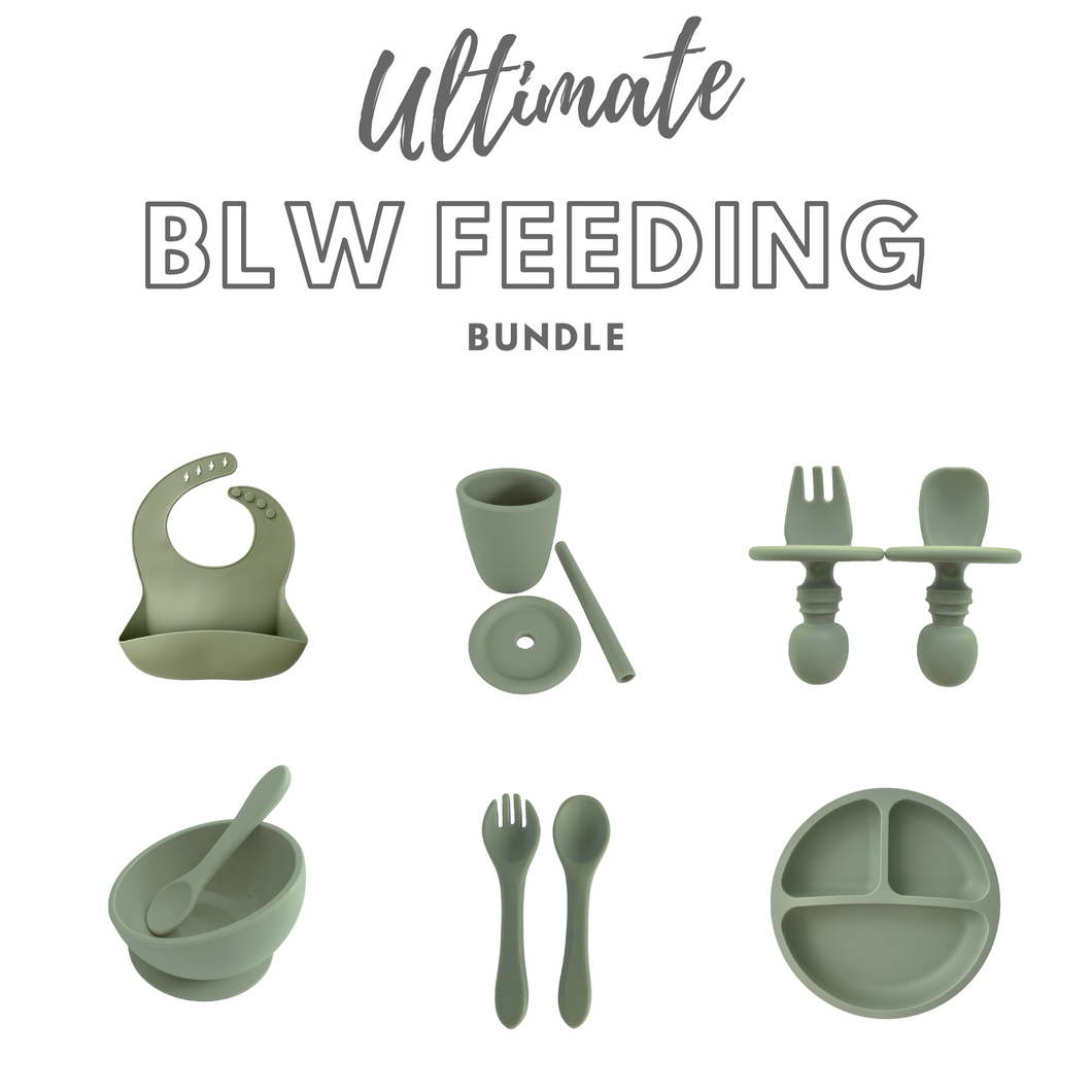 Bubs Playground's Ultimate BLW Feeding Bundle includes:  Silicone Bib, Cup with Straw & Lid, Spoon & Fork Mini, Spoon & Fork, Suction Bowl & Spoon Suction Divided Plate