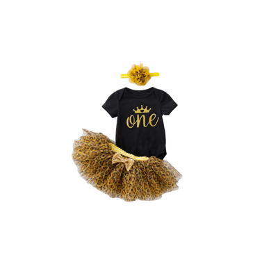 1st First Birthday Outfit Set for Baby & Toddlers in Gold, Black, Yellow Leopard Animal Print includes tutu skirt & headband