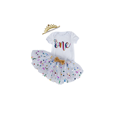 1st First Birthday Outfit Set for Baby & Toddlers in White Confetti Princess Crown includes tutu skirt & headband