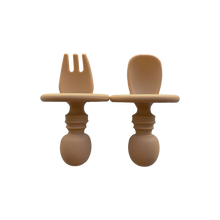 Load image into Gallery viewer, Silicone Spoon &amp; Silicone Fork in Almond Tan from Bubs Playground and Bubs Eats
