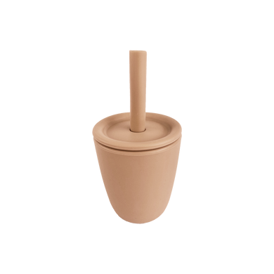 Silicone Cup With Silicone Straw and Silicone Lid in Almond Tan for Bubs Playground & Bubs Eats  Edit alt text