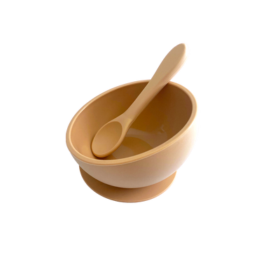 Silicone Suction Bowl & Silicone Spoon in Apricot Sand from Bubs Playground and Bubs Eats