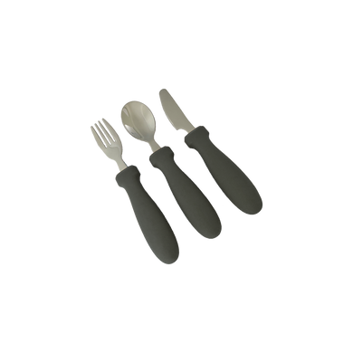 Bubs Playground's silicone stainless steel cutlery set includes spoon, fork & knife in Cloud Grey. Best for training & learning for toddlers & kids transitioning into adult cutlery!