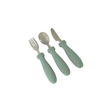 Bubs Playground's silicone stainless steel cutlery set includes spoon, fork & knife in Forest Green. Best for training & learning for toddlers & kids transitioning into adult cutlery!