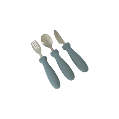 Bubs Playground's silicone stainless steel cutlery set  includes spoon, fork & knife in Ocean Blue. Best for training & learning for toddlers & kids transitioning into adult cutlery!