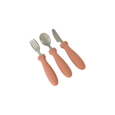 Bubs Playground's silicone stainless steel cutlery set includes spoon, fork & knife in Sunrise Pink. Best for training & learning for toddlers & kids transitioning into adult cutlery!
