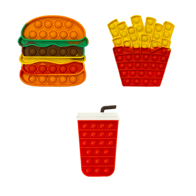 Bubs Playground Fast Food Set Combo Pack which includes burger, French fries chips & soda soft drink with straw bubble pop it sensory fidget toy