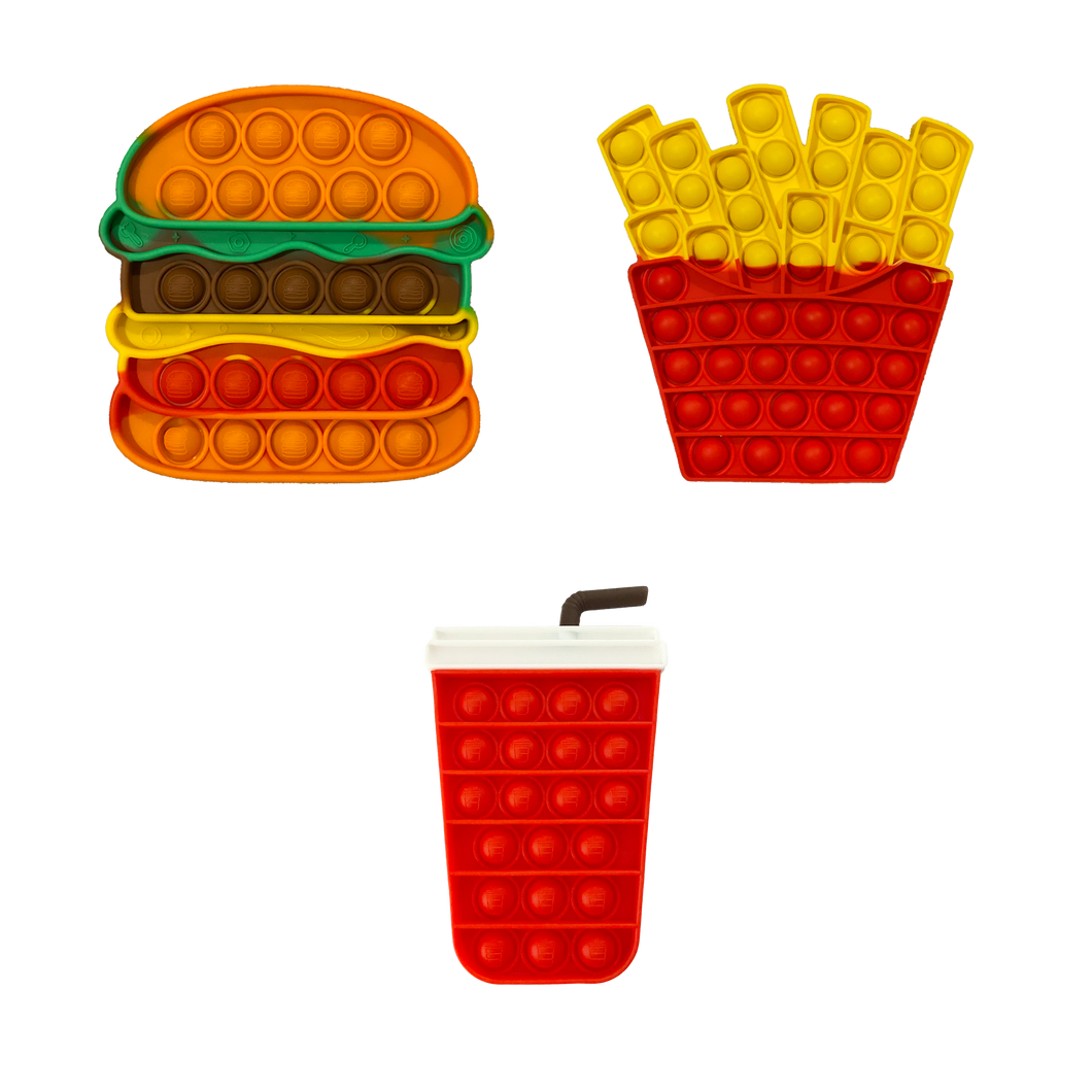 Bubs Playground Fast Food Set Combo Pack which includes burger, French fries chips & soda soft drink with straw bubble pop it sensory fidget toy