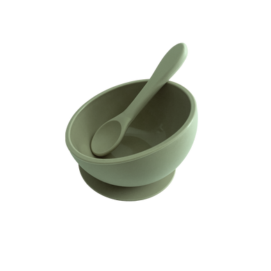 Silicone Suction Bowl & Silicone Spoon in Forest Green from Bubs Playground and Bubs Eats  Edit alt text