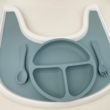 Load image into Gallery viewer, Silicone Placemat for Stokke Tripp Trapp in Ocean Blue with matching colour Divided Suction Plate and Spoon &amp; Fork
