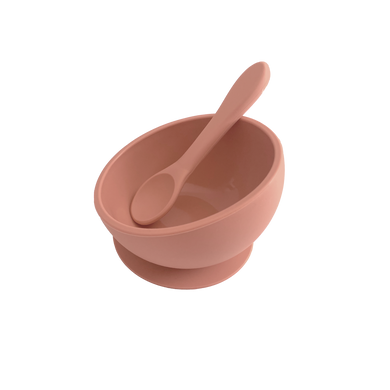 Silicone Suction Bowl & Silicone Spoon in Sunrise Pink from Bubs Playground and Bubs Eats