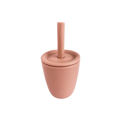 Silicone Cup With Silicone Straw and Silicone Lid in Sunrise Pink for Bubs Playground & Bubs Eats