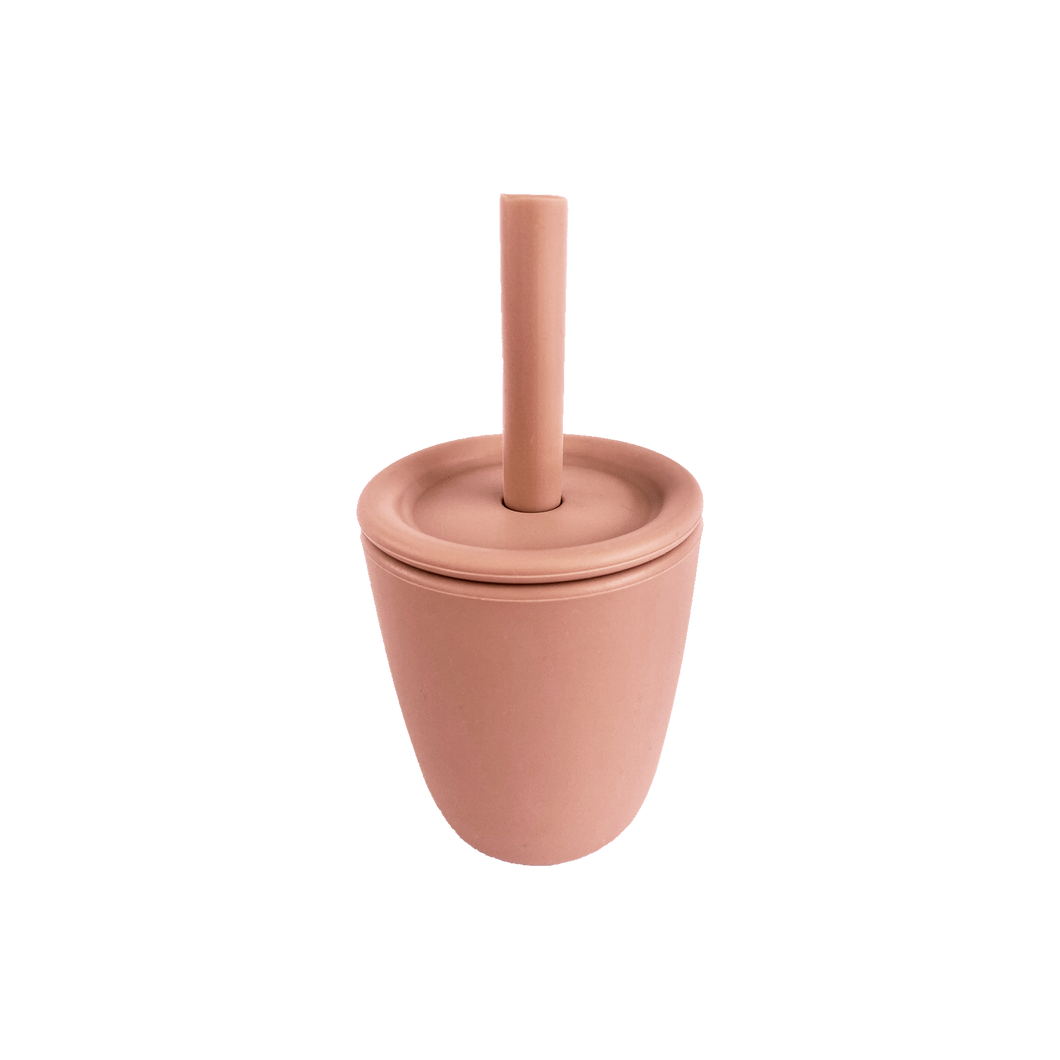 Silicone Cup With Silicone Straw and Silicone Lid in Sunrise Pink for Bubs Playground & Bubs Eats