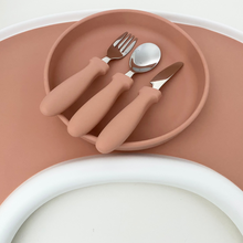 Load image into Gallery viewer, Stokke Tripp Trapp Placemat in Sunrise Pink with Suction Plate &amp; transitional Cutlery Set for Toddlers &amp; Kids
